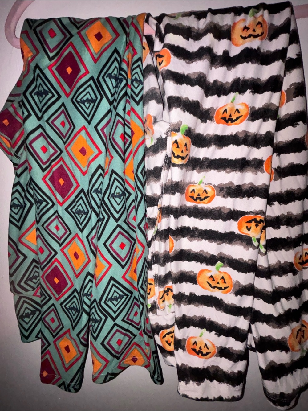 LuLaRoe Women's Leggings —Black & White Stripes with Orange Pumpkin Tall & Curvy